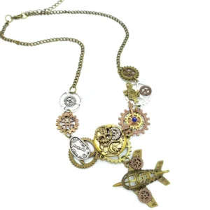 Steampunk airplane necklace with bronze aircraft pendant and intricate gear charms in mixed metal tones, left side flat lay view