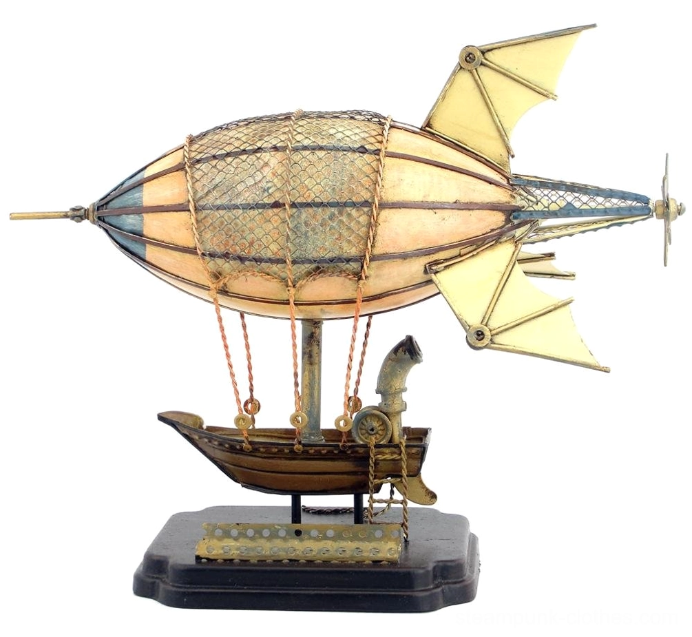 Right rear angle showcasing dual tail wing configuration and exposed mechanical details on brass gondola of steampunk airship model