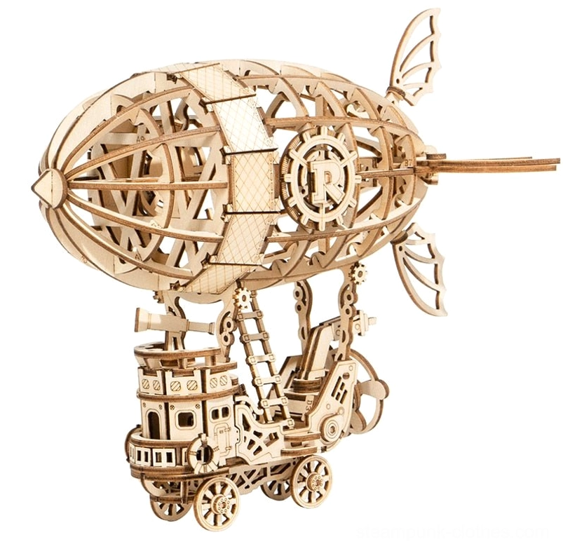 Assembled steampunk airship wooden puzzle - left front three-quarter view showing natural wood finish, prominent R gear emblem, and articulated tail fins