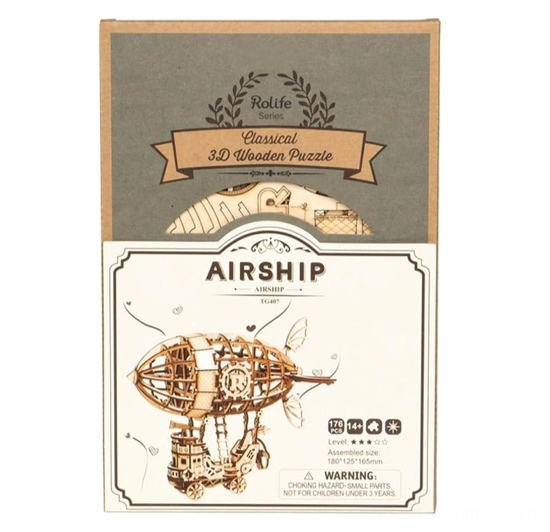 Steampunk airship 3D wooden puzzle box packaging with printed model artwork and branding