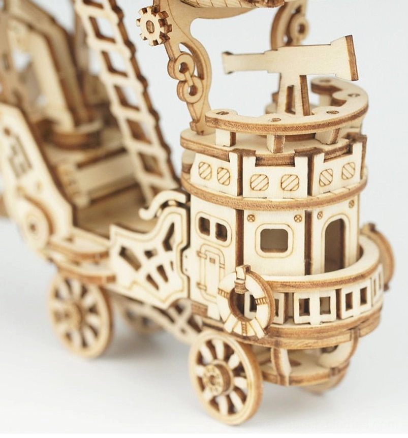 Steampunk airship gondola compartment - left side close-up featuring wooden wheels, exterior ladder, and multi-level cabin architecture