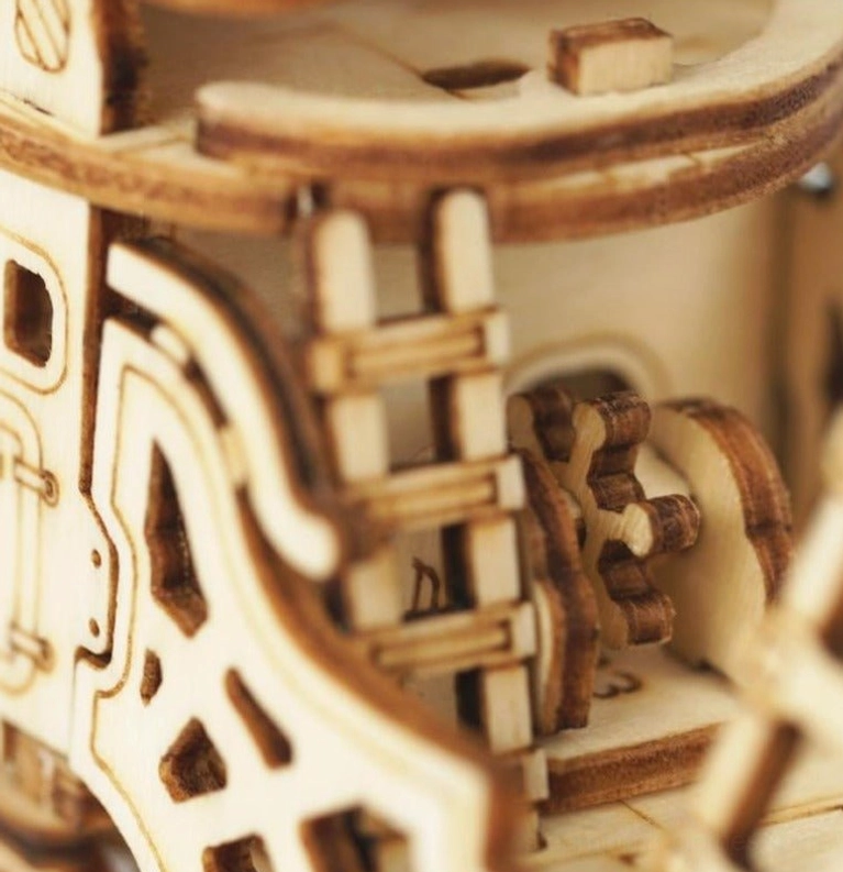 Internal mechanical details of steampunk airship gondola showing carved wooden panels, gear sets, and functional ladder components
