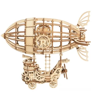 Steampunk airship 3D wooden puzzle - right front perspective with central ladder detail and refined fuselage grille structure