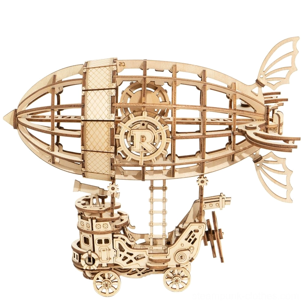 Steampunk airship 3D wooden puzzle - right front perspective with central ladder detail and refined fuselage grille structure