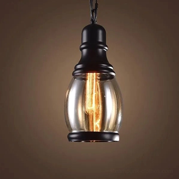 Vintage industrial amber pendant light with matte black teardrop-shaped glass shade and Edison bulb, model B