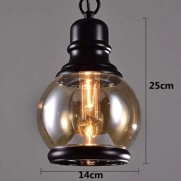 Amber steampunk lamp with spherical bulbous glass shade, size measurements 25cm height and 14cm width