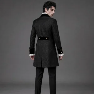 Gothic Victorian steampunk jacket back view showcasing jacquard fabric texture and waist belt detail