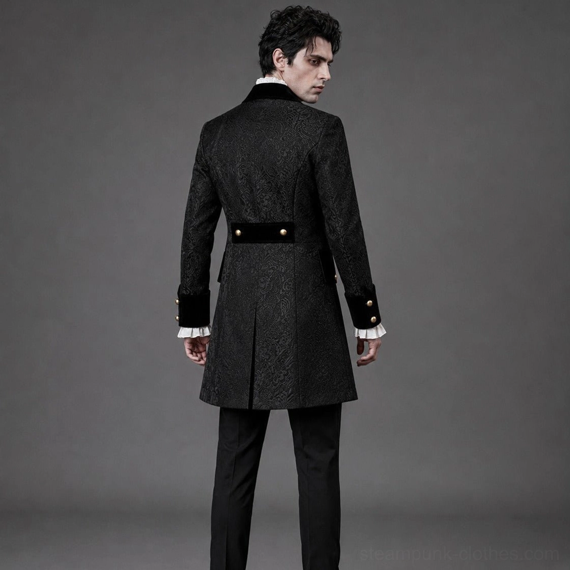 Gothic Victorian steampunk jacket back view showcasing jacquard fabric texture and waist belt detail