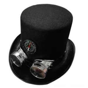 Black steampunk hat with integrated aviator goggles and decorative compass accent on hat band