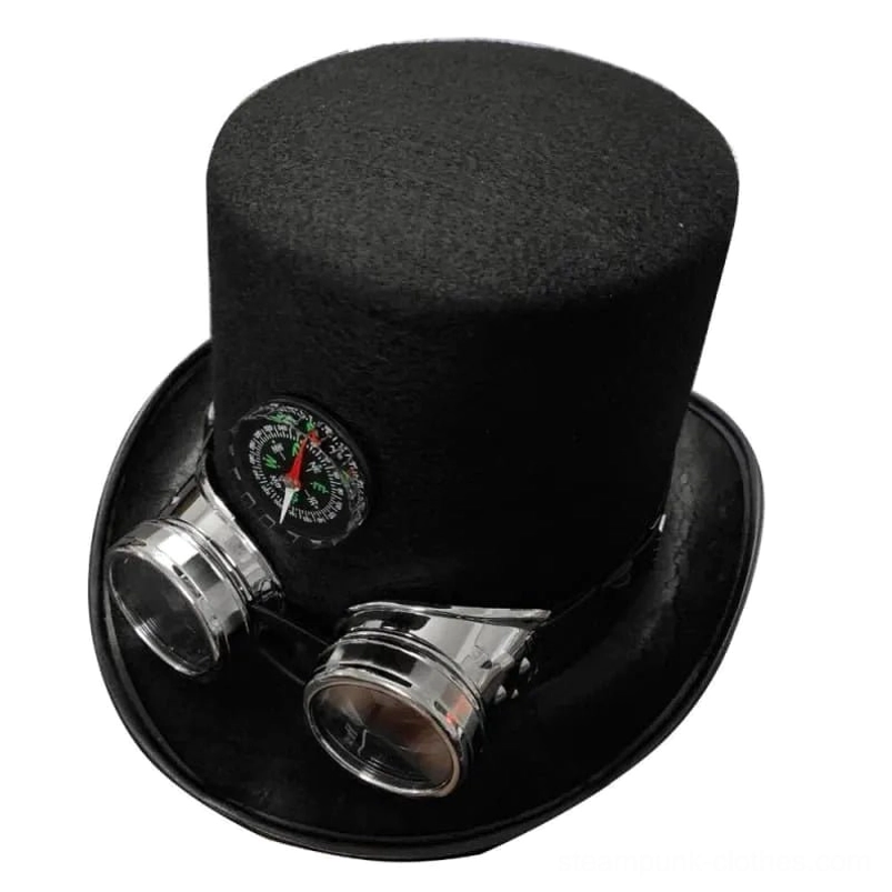 Black steampunk hat with integrated aviator goggles and decorative compass accent on hat band