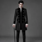 Aristocrat steampunk tailcoat full front view on male model with gold dome buttons and black velvet trim