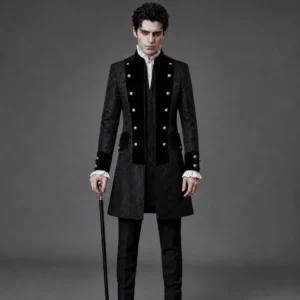 Aristocrat steampunk tailcoat full front view on male model with gold dome buttons and black velvet trim