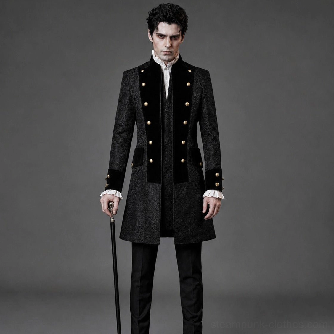 Aristocrat steampunk tailcoat full front view on male model with gold dome buttons and black velvet trim