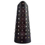 Steampunk arm armor front view featuring mixed metal rivets and bronze gear ornaments on black PU leather - mechanical steampunk bracers with industrial detailing