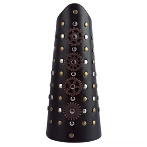 Steampunk arm armor front view featuring mixed metal rivets and bronze gear ornaments on black PU leather - mechanical steampunk bracers with industrial detailing