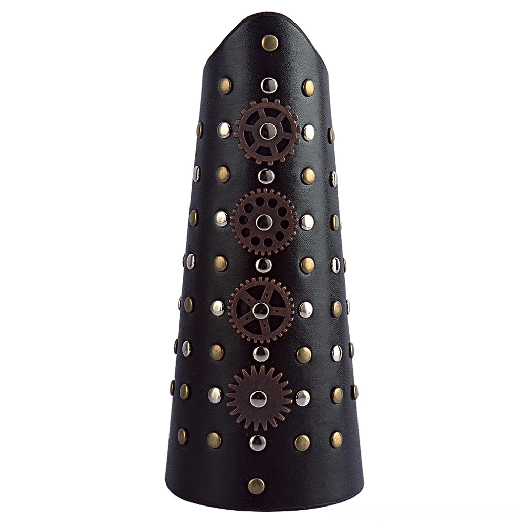 Steampunk arm armor front view featuring mixed metal rivets and bronze gear ornaments on black PU leather - mechanical steampunk bracers with industrial detailing