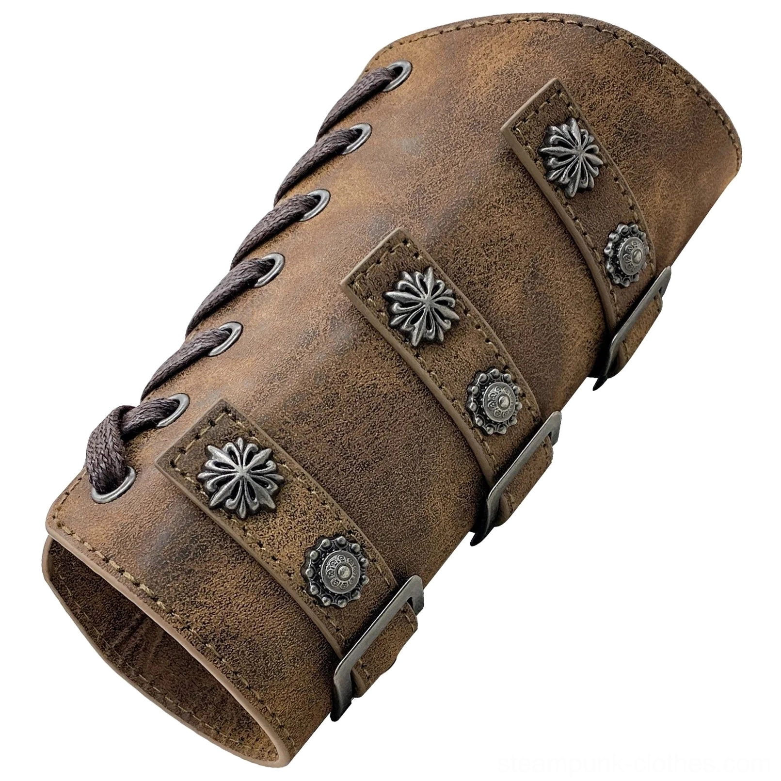 Close-up detail of single steampunk leather arm bracer featuring embossed metal flower ornaments, adjustable lace-up eyelets with precision stitching, functional buckle strap, and distressed leather texture on white background