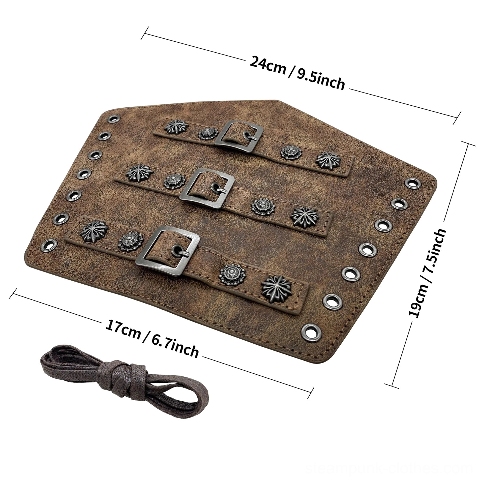 Complete steampunk arm guard set flat lay showing matched pair of distressed leather bracers with multiple metal buckles, decorative studs, pre-drilled adjustment holes, and included lacing cord on white background with size reference
