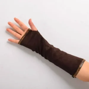 Long brown steampunk fingerless arm sleeve showing distressed wrist border detail on human forearm