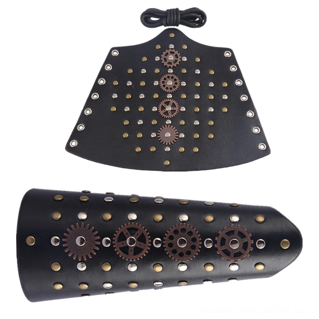 Steampunk arm guard top view displaying dense rivet pattern coverage and adjustable lace-up strap design - mechanical armor detailing