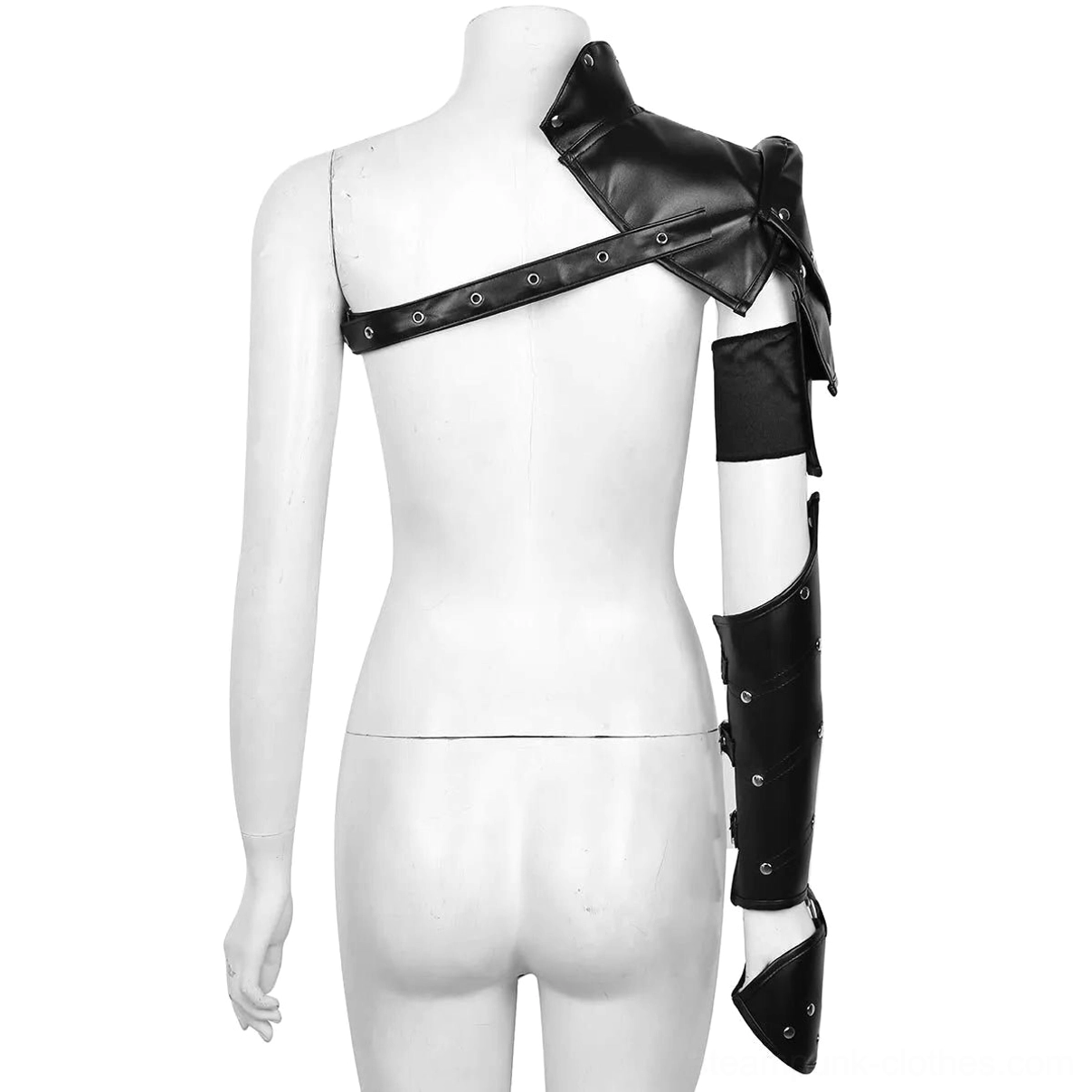 Steampunk arm armor back view on mannequin showing cross-body strap design, metal rivet details, and weight distribution system for secure wear