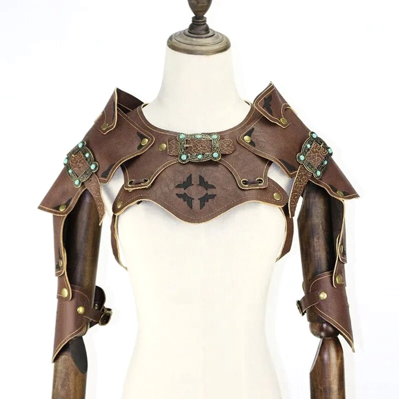Close-up detail shot of steampunk armor chest piece showing turquoise decorative buckles, star-shaped carved hollow patterns, and individually hand-applied brass rivets on leather