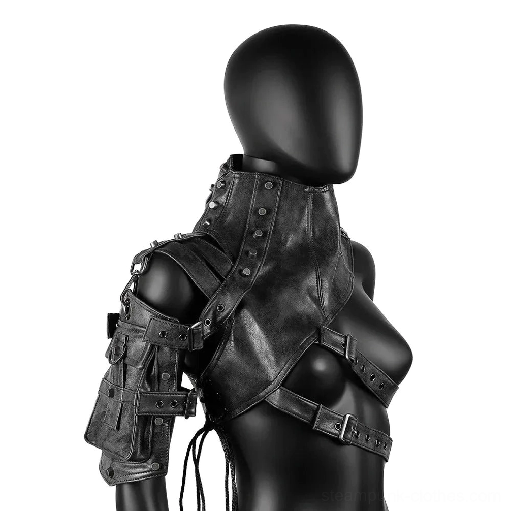 Flat lay display of black steampunk one-shoulder armor pieces showing metal buckles, adjustment points, drawstring fasteners, and rivet craftsmanship from above
