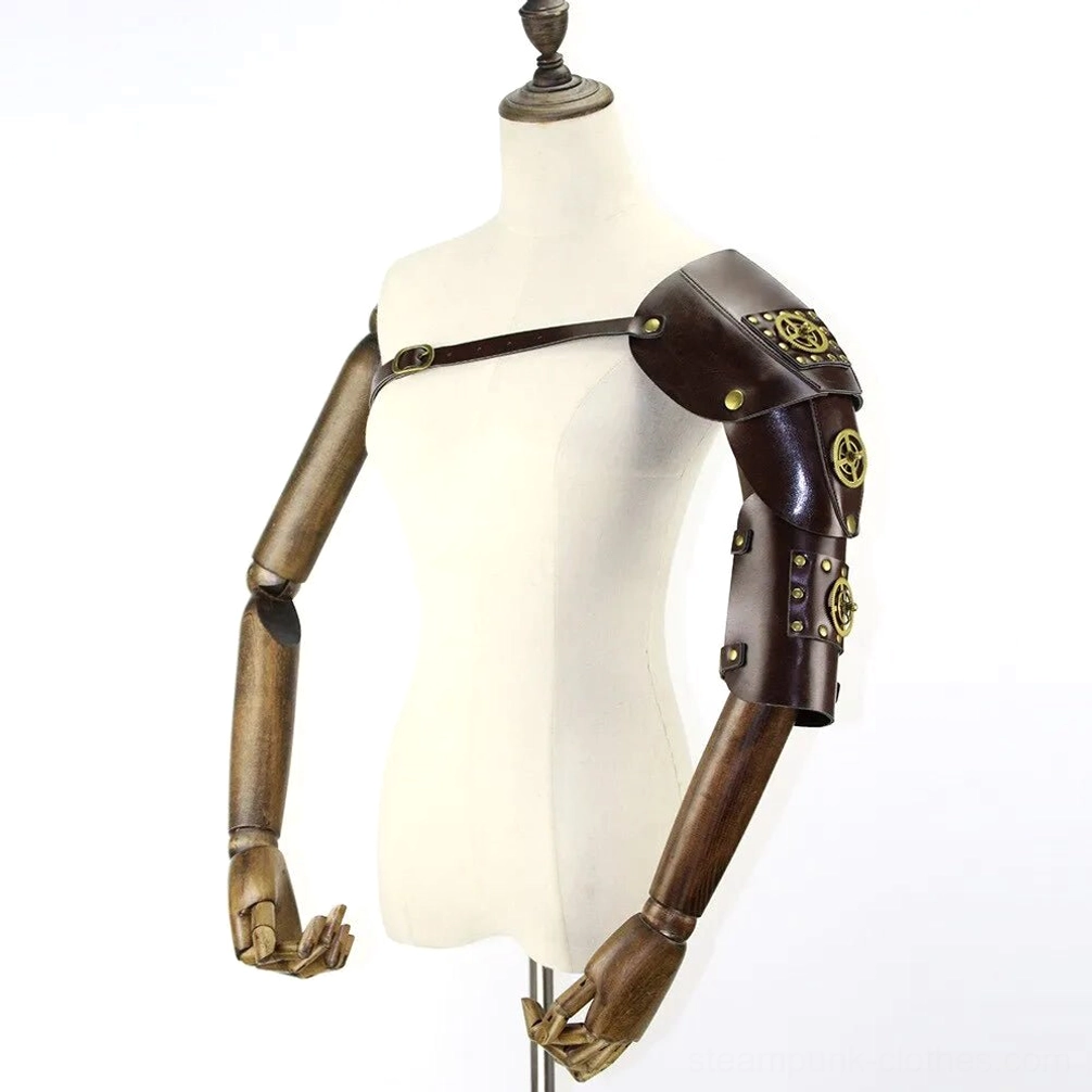 Full frontal view of steampunk shoulder armor displayed on torso mannequin highlighting large central brass gear and premium dark brown leather construction