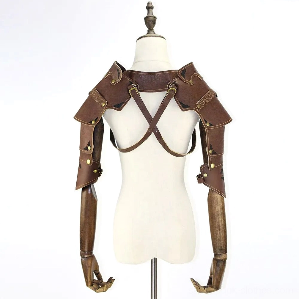 Back view of steampunk leather armor harness displaying crisscross strapping pattern, vintage brown leather construction, and adjustable brass shoulder fasteners for customizable fit