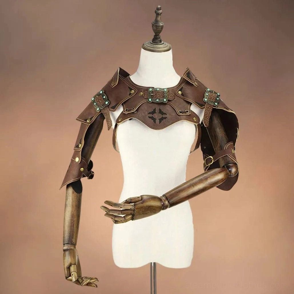 Steampunk leather chest and shoulder armor harness front view - vintage brown leather with hand-applied brass rivets, turquoise metal buckles, and carved star-shaped hollow patterns creating mechanical texture