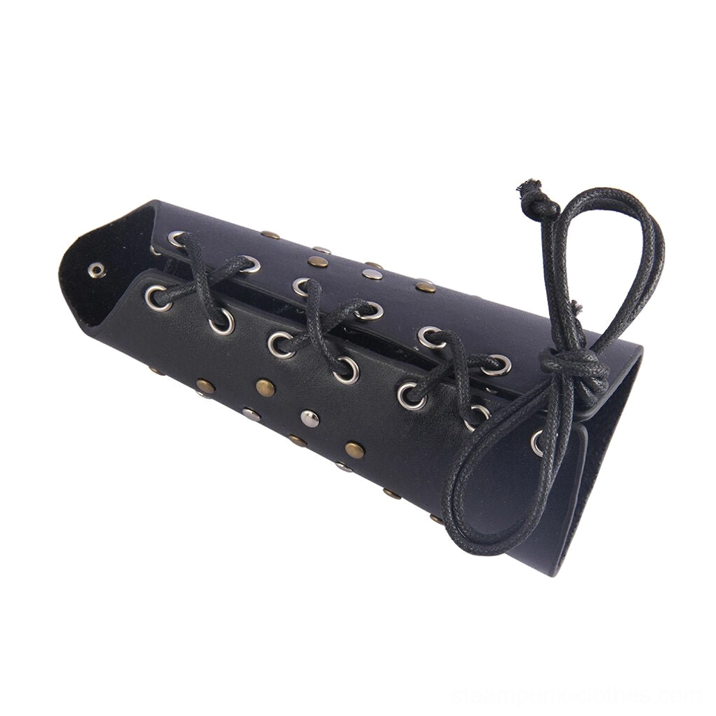 Steampunk wrist armor rear view highlighting lace-up closure system with 17 metal eyelets and adjustable lacing mechanism for custom fit