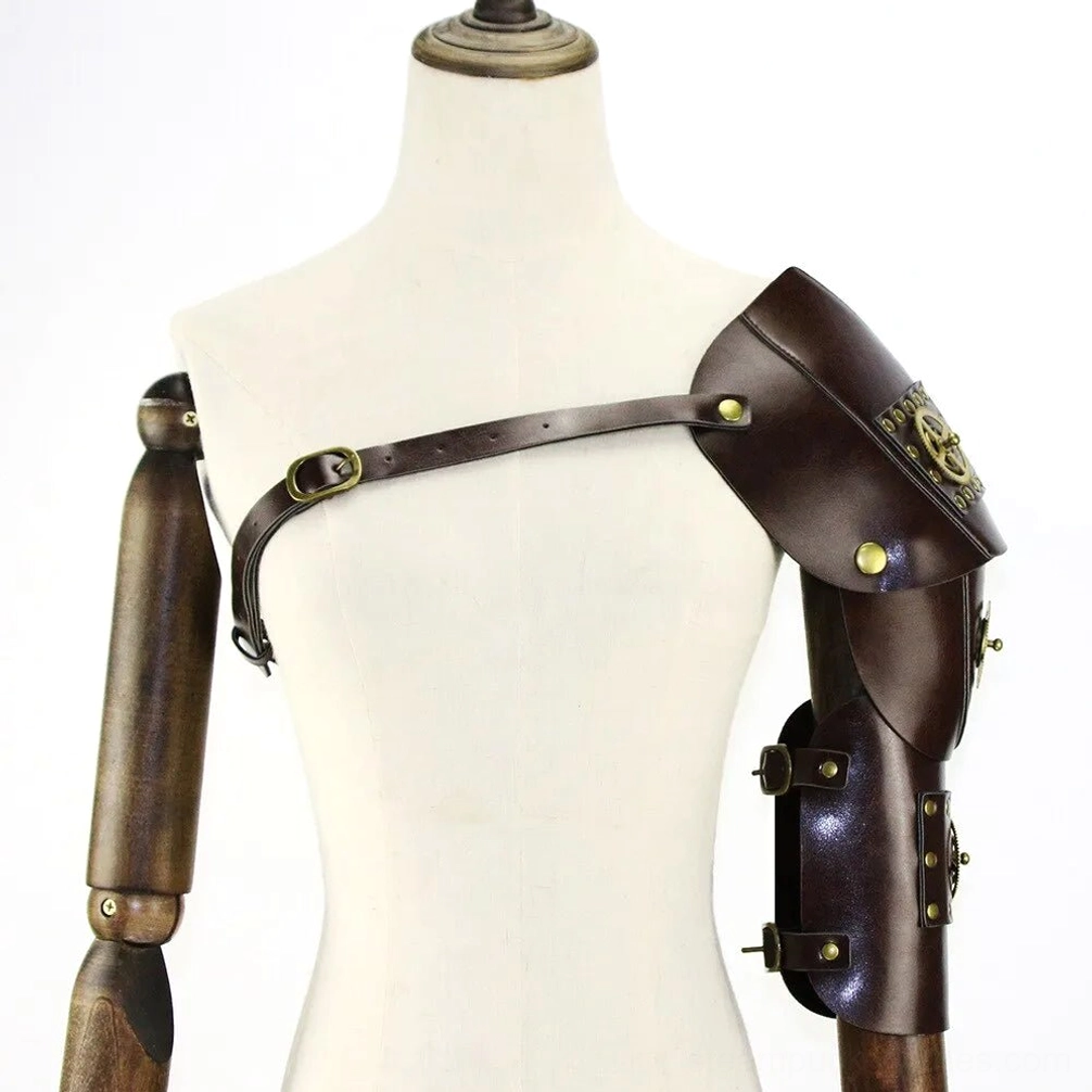 Three-quarter left view of single-shoulder steampunk armor showing vintage brass gear details, leather craftsmanship, and strap design on mannequin