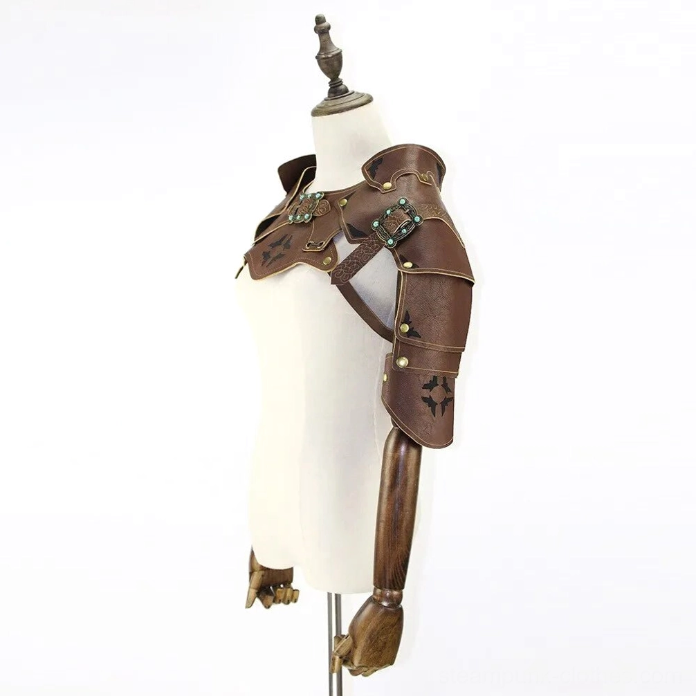 Right side view of steampunk leather armor harness showing adjustable leather straps with brass fasteners and hardware for personalized fit accommodation