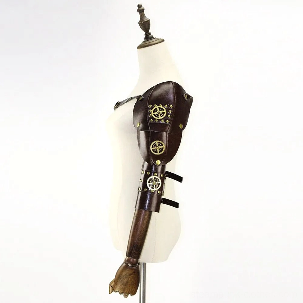 Right side profile view of steampunk armor showing adjustable arm straps configuration, rivet details, and leather texture
