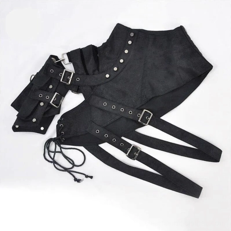 Side front view of steampunk one-shoulder armor highlighting riveted collar detail, metal buckle fastening system, and industrial hardware configuration