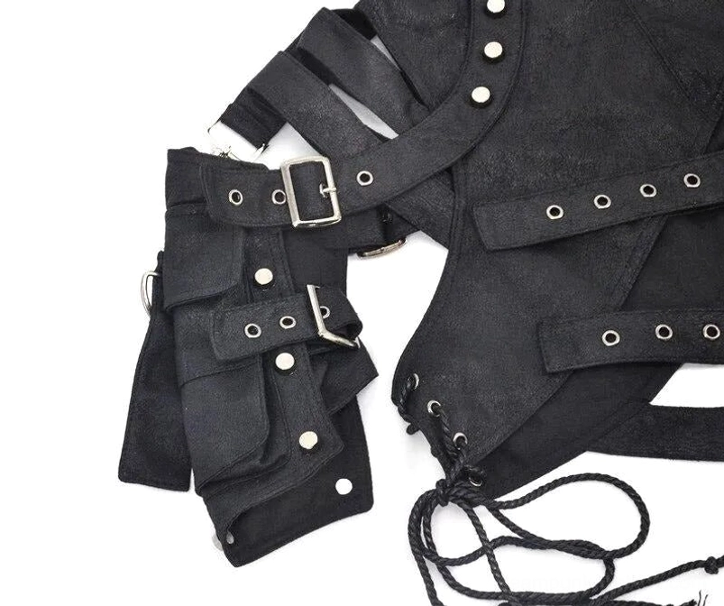 Close-up side view of steampunk one-shoulder armor showing multi-strap configuration, rivet craftsmanship, metal buckles, and leather texture detail