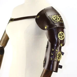 Steampunk shoulder and arm armor three-quarter left view showing brass gear emblem, rivets, and adjustable cross-body strap system on mannequin