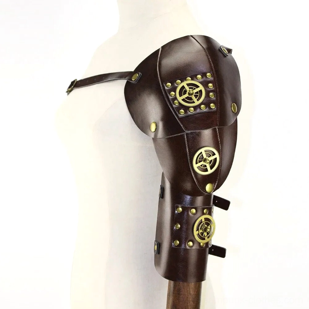 Three-quarter right front view of steampunk shoulder armor displaying brass rivets, cross-body strap configuration, and mechanical gear accents