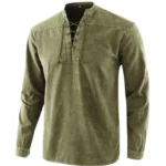 Steampunk army green lace-up medieval shirt for men with stand collar, long sleeves, and buttoned cuffs, vintage washed fabric