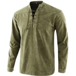 Steampunk army green lace-up medieval shirt for men with stand collar, long sleeves, and buttoned cuffs, vintage washed fabric