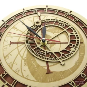 Close-up detail of steampunk astronomical clock center mechanism, showing laser-cut brass hardware, brass central hub, reddish-brown accent ring, and intricate astronomical engraving