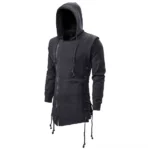 Dark gray steampunk asymmetrical hoodie with single sleeve and side lace-up closure, front left view showing industrial design details