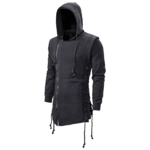 Dark gray steampunk asymmetrical hoodie with single sleeve and side lace-up closure, front left view showing industrial design details