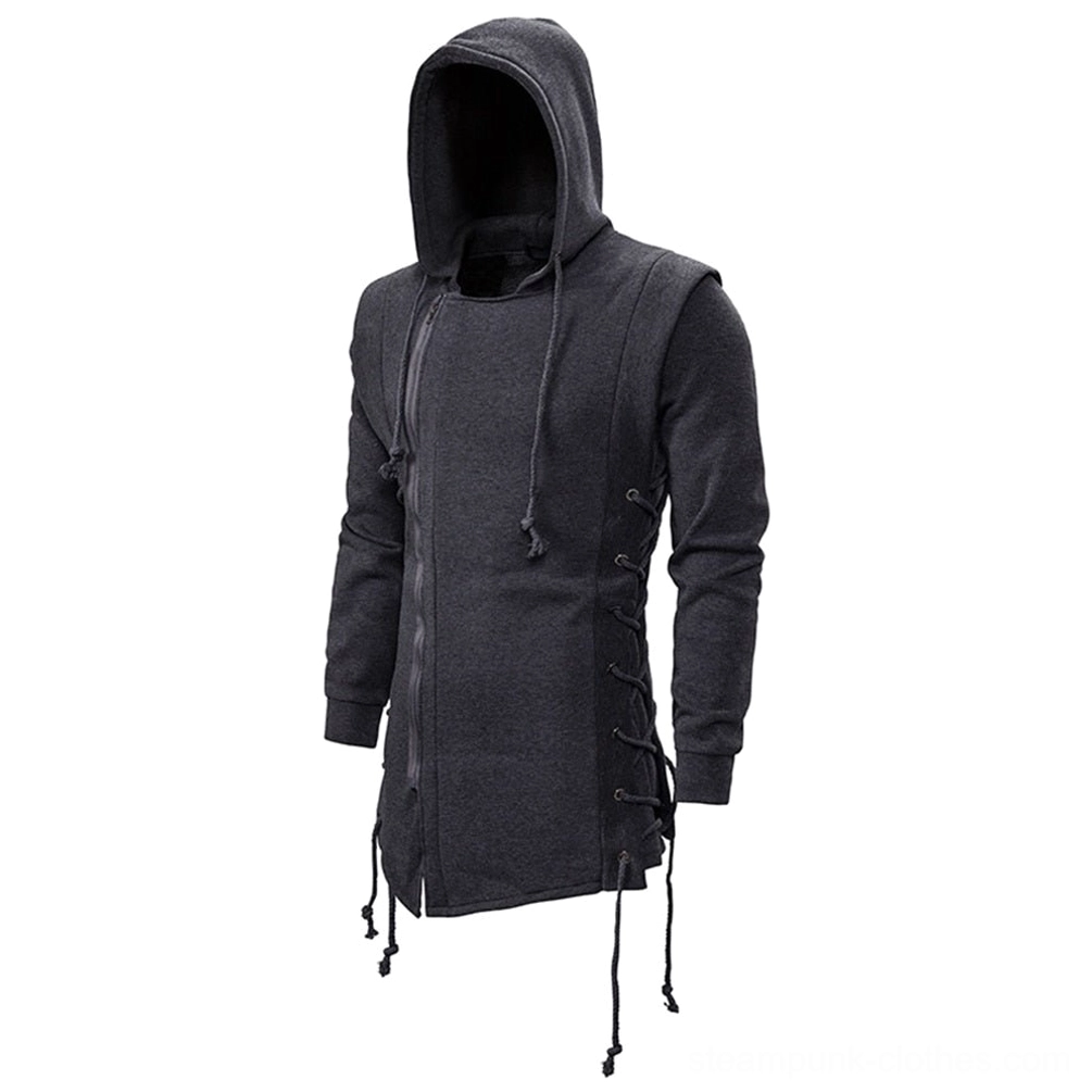 Dark gray steampunk asymmetrical hoodie with single sleeve and side lace-up closure, front left view showing industrial design details