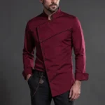 Steampunk asymmetrical oblique button red shirt - front close-up detail view showing burgundy fabric texture and precision oblique button placket with stand collar