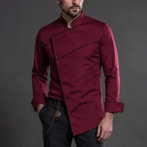 Steampunk asymmetrical oblique button red shirt - front close-up detail view showing burgundy fabric texture and precision oblique button placket with stand collar