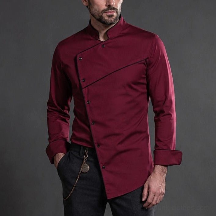 Steampunk asymmetrical oblique button red shirt - front close-up detail view showing burgundy fabric texture and precision oblique button placket with stand collar