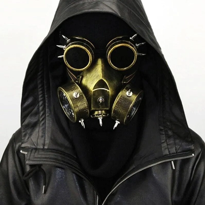 Steampunk post-apocalyptic gas mask bronze brass color front close-up - gold-toned filter canisters and welding goggles detail shot