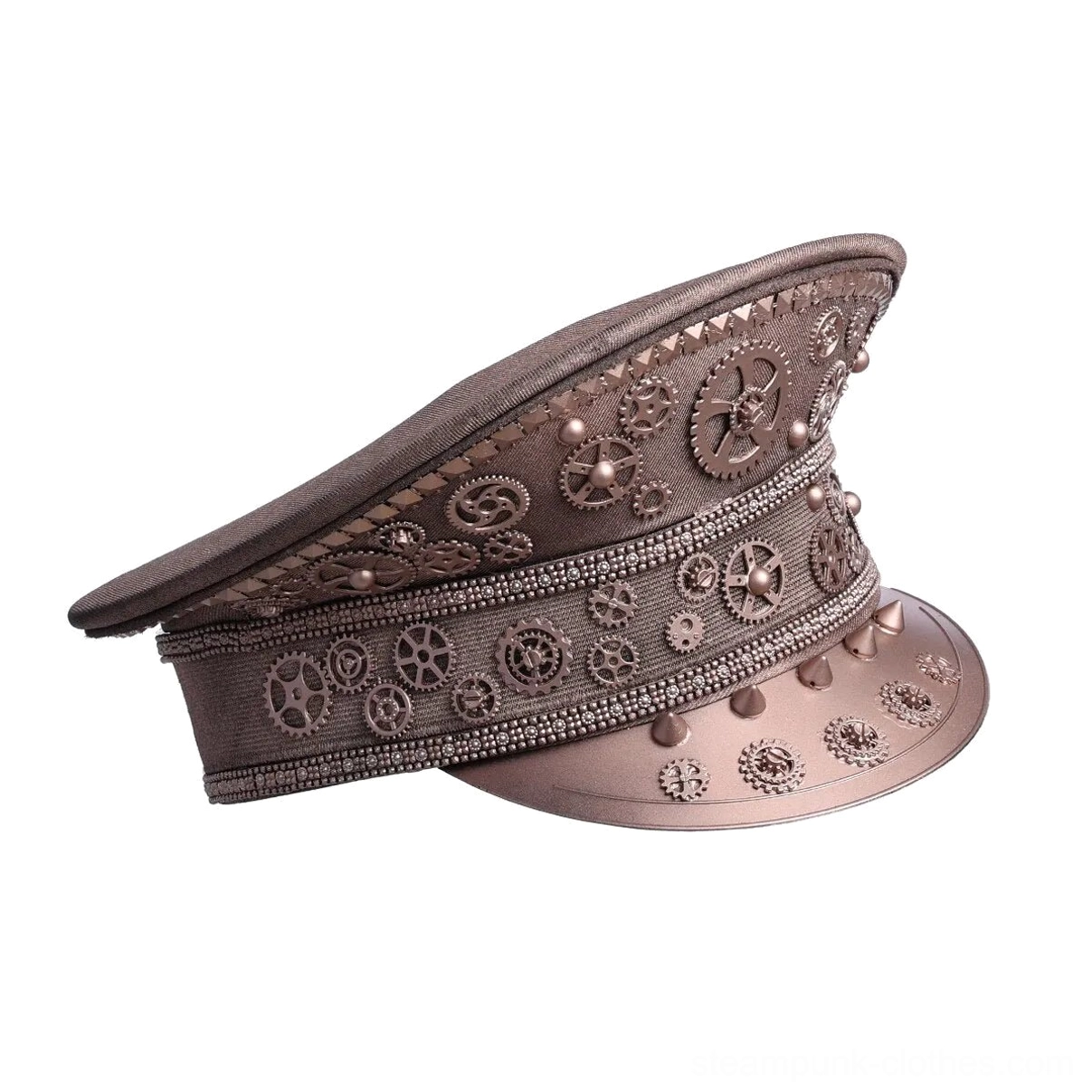 Bronze steampunk military aviator cap right side profile showing gear embroidery on brim