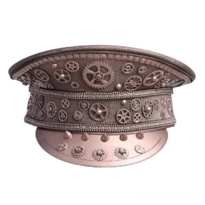 Steampunk aviator cap bronze finish with gear and stud accents, top-front three-quarter angle